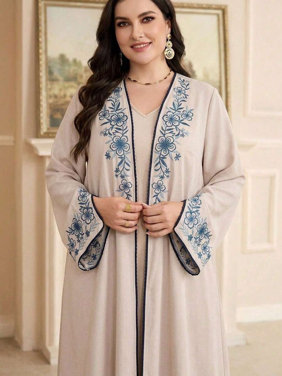 Al Najma Plus Size Women Beige Embroidered Abaya Wedding Guest Summer African Modest - Khaki - View 1