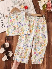 SHEIN 2件組少女碎花無袖蝴蝶結上衣&寬鬆休閒長褲套裝，夏季女孩兩件式服裝套裝復古風 - 黃色 - 查看 7