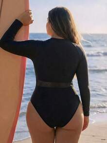 Swim SPRTY Plus Size Women One-Piece Swimsuit, Long Sleeve Zipper Rash Guard For Swimming, Beach, Sports, Vacation Summer Sexy - Black - View 2