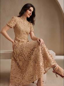 Anewsta Elegant & Fashionable Embroidered Fabric Design Dress For Women, Summer - Khaki - View 1