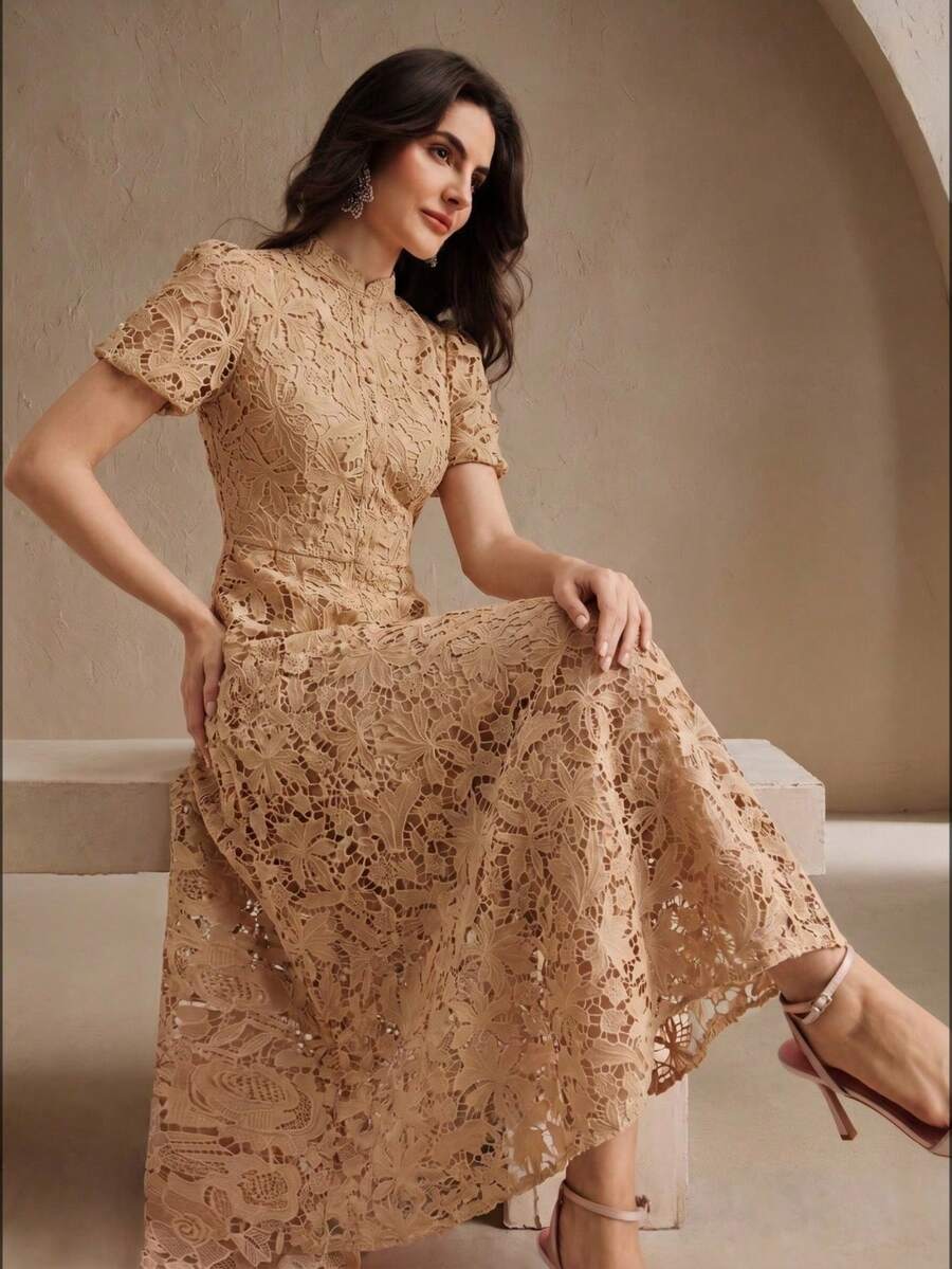 Anewsta Elegant & Fashionable Embroidered Fabric Design Dress For Women, Summer - Khaki - View 1