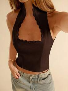 Top ajustado de mujer sin mangas con cuello cuadrado y ribete de encaje blanco sólido, primavera/verano, blusa blanca elegante - Café integral - Ver 7