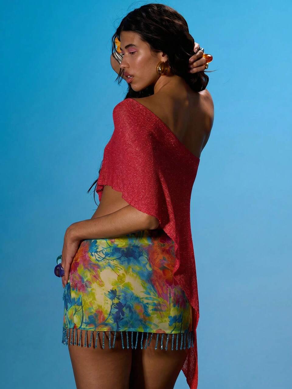 Poncho de Tricô com Decote Assimétrico Ombro à Mostra, Bainha Assimétrica, Verão Sexy, Saída, Praia, Férias, Ibiza, Clube, Febre Tropical