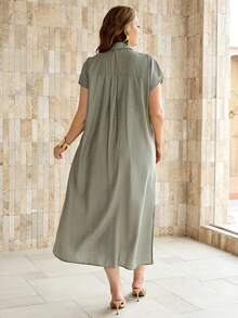 Roveilla Plus Size Women Summer Elegant Sage Green Sommar Midi Dress,Shirt Collar Raglan Sleeve Loose  Pleated Button Front Smart Casual Everyday Retro Office - Green - View 2