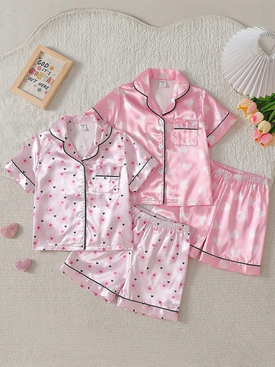 SHEIN 4件套花卉爱心印花女童幼儿开衫睡衣套装 - 淺粉色 - 查看 1