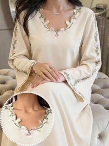 Al Najma Plus Size Women Elegant Modest Pilipinyana Floral Embroidery Flare Sleeve Arabic Abaya Formal Wedding Beige Summer - Apricot - View 7
