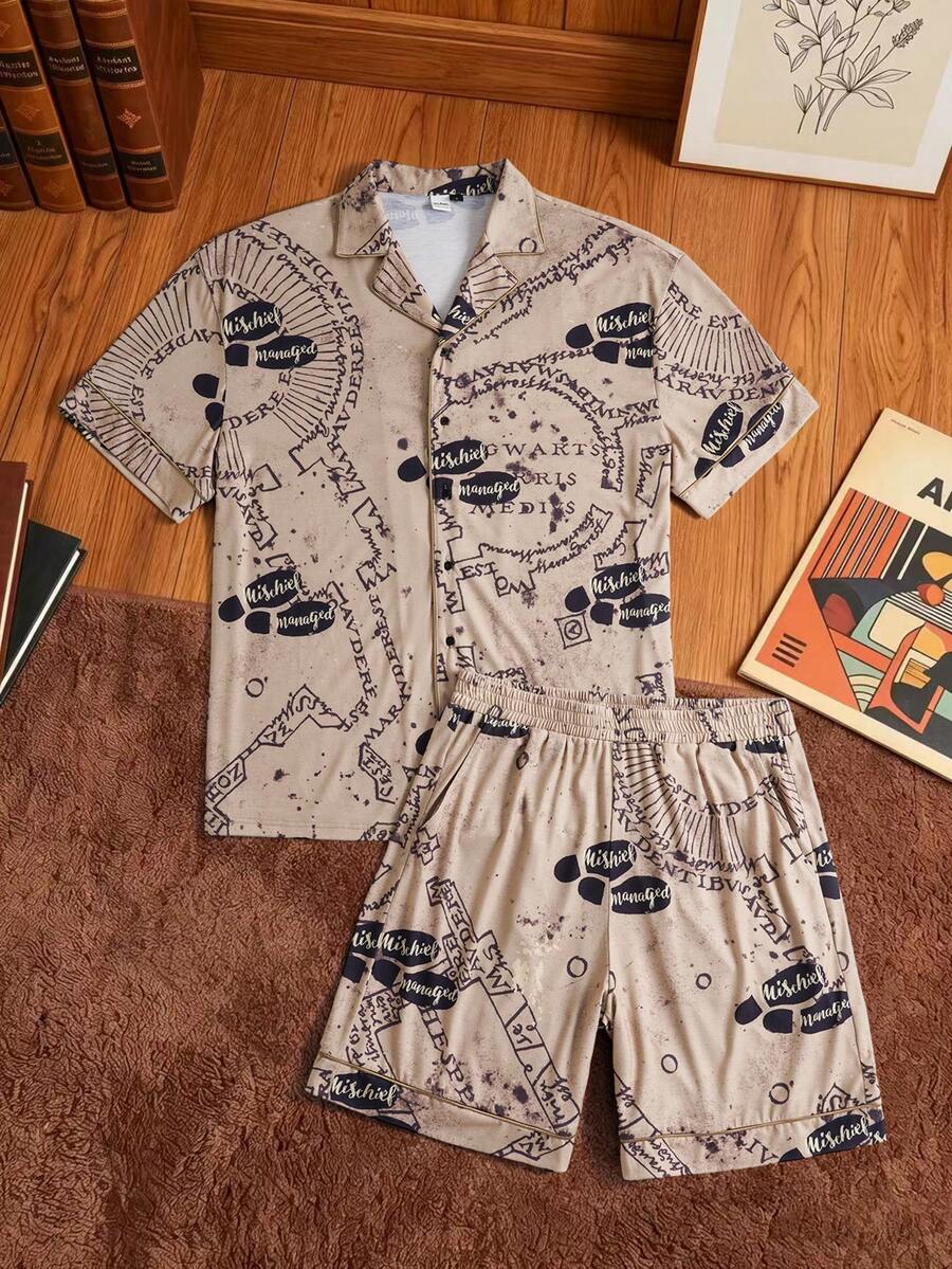 HARRY POTTER X SHEIN 男士字母印花单排扣短袖上衣和短裤休闲家居服套装 - 銅色 - 查看 1
