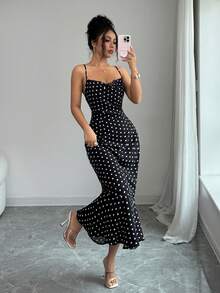 Raffinéa 2026 Nuevo vestido de verano con tirantes de espagueti y lunares para mujer, vestido largo retro elegante con cuello de encaje, volantes en la cintura y cola de, vestido de fies - Blanco y Negro - Ver 3