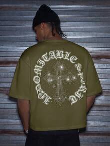 AXEPEAK Men's Casual Loose Short Sleeve T-Shirt, White Color With Printed Rhinestone Handmade Label, Summer - Army Green - View 4