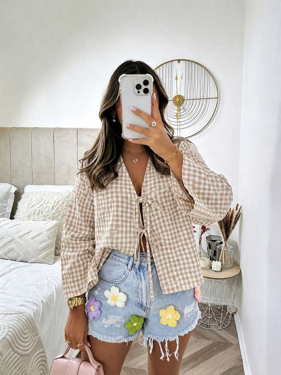 EMERY ROSE Women's Solid Color Front Tie Long Sleeve Casual Blouse Women Shirt - Multicolor - View 1