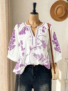 Rusticease Lässige Sommerbluse für Damen in großen Größen mit lila Blumenmuster und kurzen Ärmeln im Landhausstil. Ideal für Urlaub, Freizeit und Freizeit. Auch als Tunika oder Oberteil mit Blumenmuster erhältlich. - Violett - Übersicht 8