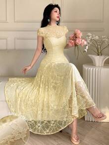 Modelyn Lace Waist Cinching A-Line Flowy Dress, Flattering For Spring/Summer Party Pale Yellow Elegent - Apricot - View 9