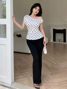 Celisse Blusa casual con hombros descubiertos, fruncida en los laterales y con estampado de lunares para mujeres - Multicolor - Ver 6