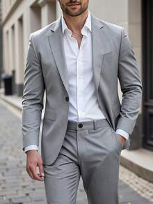 Manfinity Mode Men's Gray Elegant Formal Suit Jacket And Pants Set,Autumn Business Casual Wedding Attire For Commute,Parties&Banquets, Ceremony - Light Grey - View 8