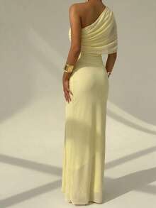 Aloruh Vestido ajustado de verano con cuello asimétrico, fruncido y retorcido, elegante para vacaciones y citas - Amarillo - Ver 6