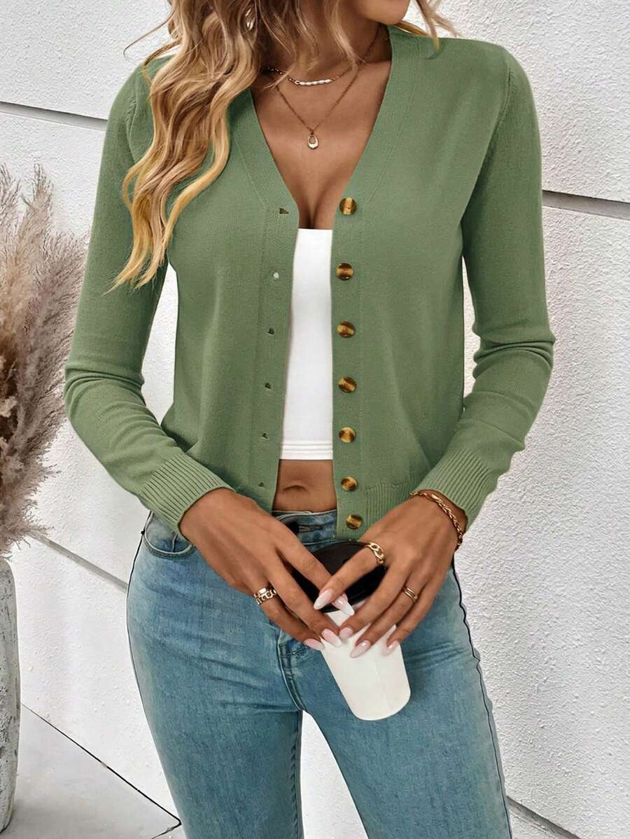 SHEIN Frenchy 女款素色極簡休閒長袖開襟外套 - 綠色 - 查看 1