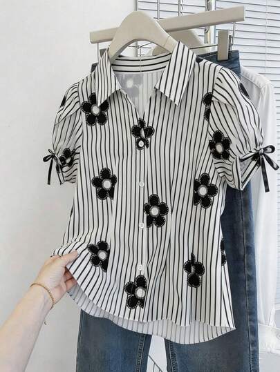SHEIN Elladie kids Striped Front Button Short Sleeve Casual Shirt, Lantern Sleeve, Bow Tie Pleated Waist A-Line Flattering, Suitable For Commuting, Vacation And Leisure, Summer