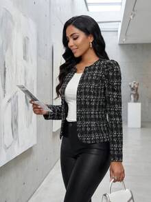SHEIN Lady 女款優雅格紋印花前開襟大衣，適合婚禮賓客、教師，秋冬冬季辦公室穿搭套裝，度假適用 - 黑與白 - 查看 3