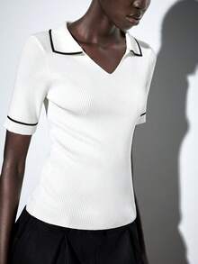 Lumivelle Elegant Classy V-Neck Contrast Trim Knit Top Back-To-School Office Black And White Summer - Beige - View 4
