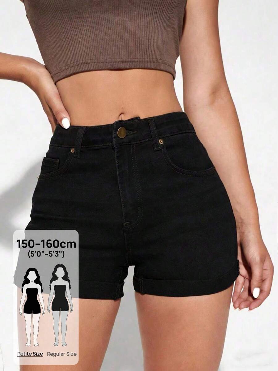 SHEIN PETITE Quần short denim đen ôm sát, có bo gấu, dành cho nữ. - màu đen - Xem 1