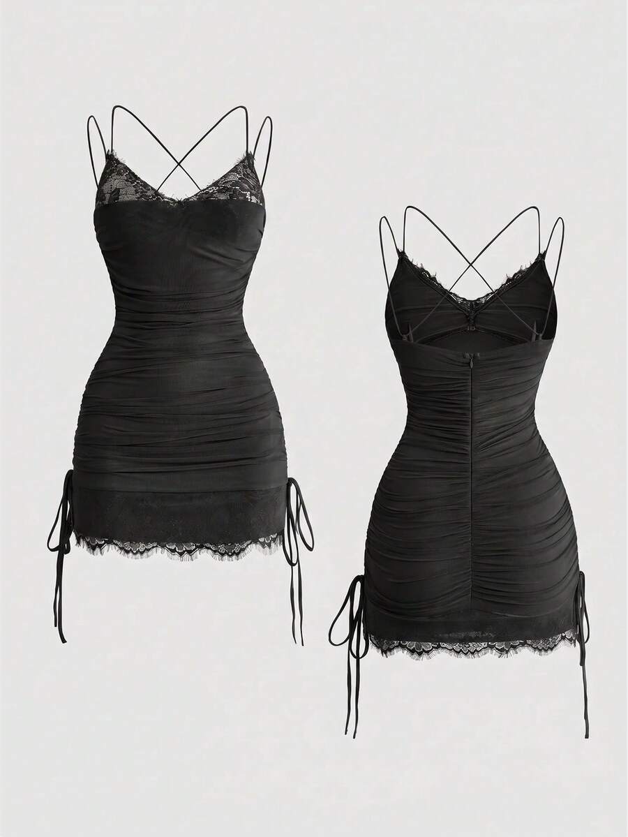 ROMWE Y2K Sexy Charming Avant Lace Patchwork Mesh Ruched Waist Bodycon Mini Dress For Women - Black - View 1