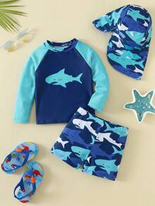 SHEIN Unisex Baby 3pcs/Set Blue Cute Shark Pattern Long Sleeve Rash Guard Swimsuit And Sun Protection Hat Set, Suitable For Beach, Swimming, Vacation Summer - Multicolor - View 8