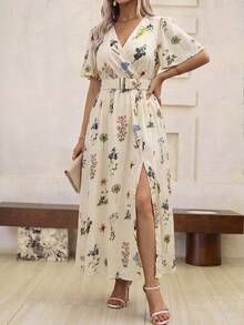 Roveilla Plus Size Women's Beige Boho Allover Print Maxi Dress,Ruffled Short Sleeves,Side Slit,High-Low Hemline,Summer Vacation Holiday Fashionable Outfit - Apricot - View 3