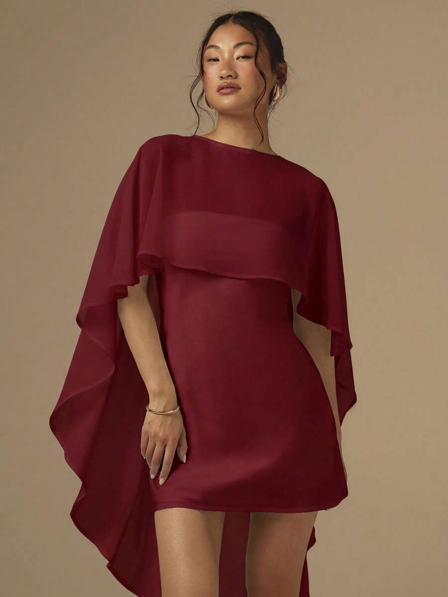 COSMINA Bộ 2 món gồm áo choàng và váy ngắn bằng vải satin cắt xéo dành cho nữ, màu trơn, thích hợp cho đám cưới/tiệc tùng/kỳ nghỉ, màu trắng. - Màu Đỏ Sâu - Xem 1