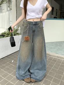 DAZY Women's Washed Korean Style Distressed Zipper Casual Streetwear Y2k Jeans Music Dark Wash Summer - Blue - View 5