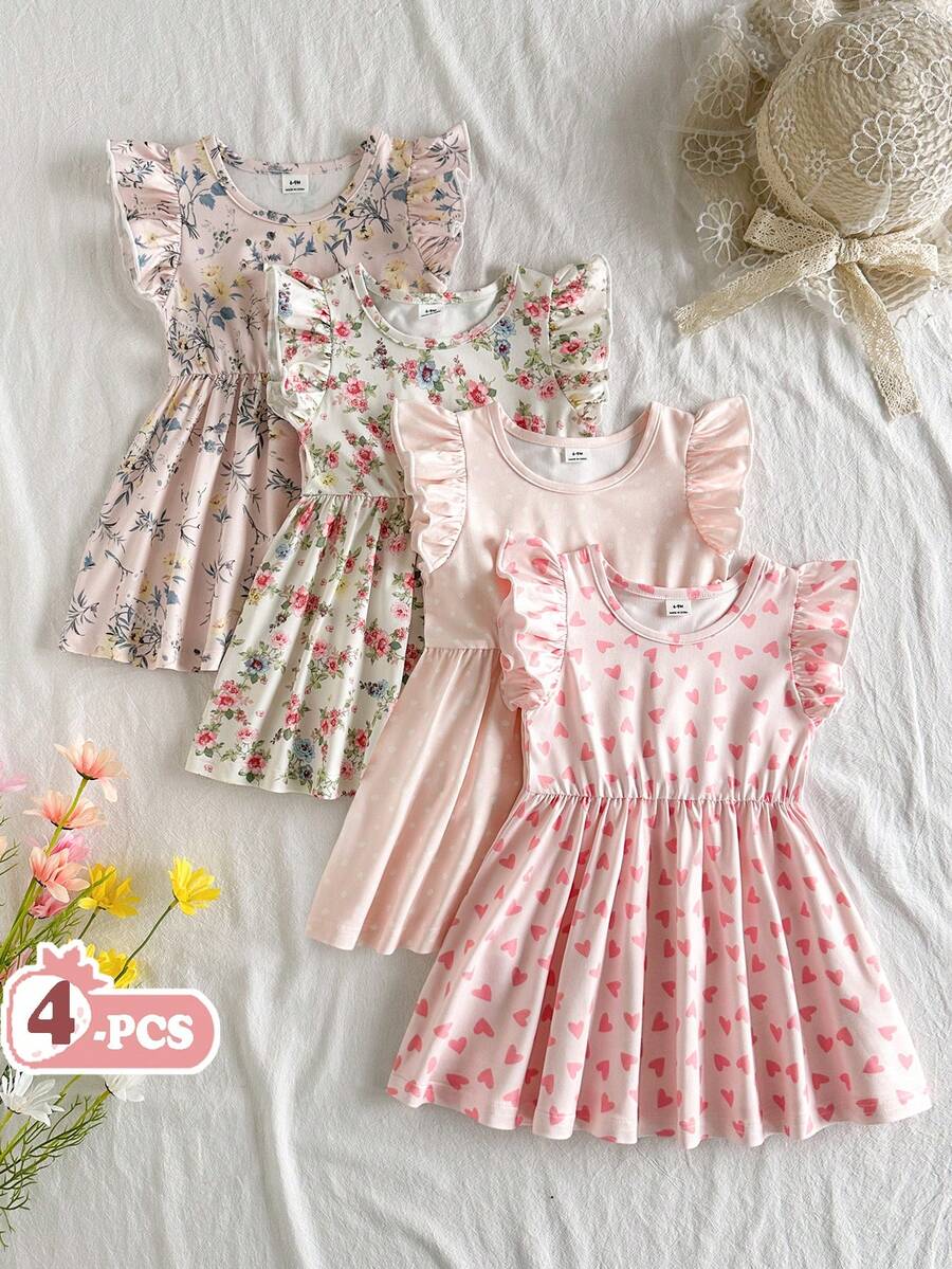 Vintaside Kids 4件/套女嬰夏季洋裝,多色可選,甜美清新風格,花卉愛心波點印花,荷葉袖收腰A字裙,適合日常出遊、休閒旅行、家庭聚會、拍照和派對 - 彩色 - 查看 1