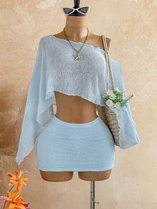 Soleia Bộ đồ gồm áo voan mỏng đính sequin vàng, kiểu dáng lệch vai, kết hợp với chân váy hoa xếp ly eo, thích hợp cho kỳ nghỉ, lễ hội âm nhạc, phong cách Bohemian. - Màu xanh lam - Xem 8