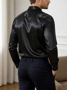 Core Aspect Men's Textured Design Casual Business Long Sleeve Shirt Silk Shirts Satin Men Shirt Luxury Shirts Black Dress Shirt For Old Money,Daily Leisure, Weekend Trips, Outdoor Activities, Travel Expeditions, Relaxed Work Environments Or Semi-Formal Occasions,Boyfriend/Husband Gift, Anniversary Gift Christmas - Black - View 2