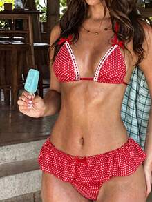 Swim Mod 2pcs Polka Dot Print Triangle Halter Bikini Set With Ruffle Hem Bottoms, Cute Girl Swimwear - Multicolor - View 1