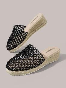 Styleloop Giày nữ đế dày bằng dây gai dầu, chất liệu rơm, màu đen, lưới dệt, hở gót, kiểu dáng mule, sandal mùa hè, giày dây gai dầu phong cách boho, phù hợp cho đi chơi, nghỉ mát, hẹn hò hàng ngày, đi biển, du lịch, phong cách thường ngày, giày nữ. - màu đen - Xem 9