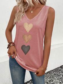EMERY ROSE Nuevo top de tirantes casual y versátil con cuello en V y estampado de corazón degradado para mujer, primavera/verano - Rosa Pálido - Ver 7