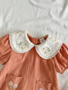 Vintaside Kids 新生女嬰花卉刺繡洋裝，鄉村風時尚優雅百搭可愛，春夏款柔軟面料 - 卡其色 - View 10