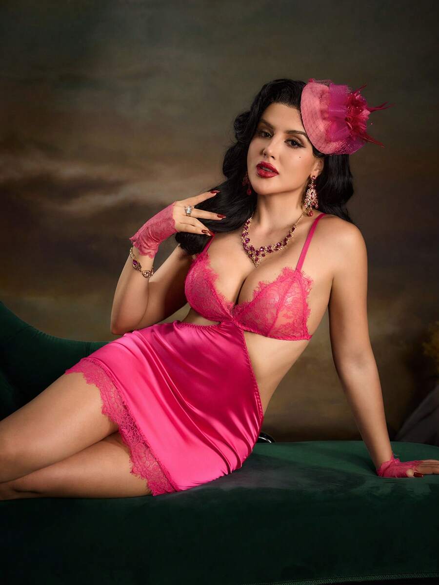 PinupPomp Hot Pink,Summer,Elegant,Holiday,Wedding Lace Patchwork Eyelash Triangle Cup Satin Hollow-Out French & Italian EasyComfort Chic Camisole Dress - Hot Pink - View 1