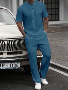 Manfinity CasualCool Conjunto de camisa de manga corta y pantalones de unicolor para hombre - Neblina azul - Ver 3