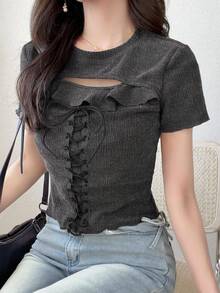DAZY 女款純色荷葉邊前綁帶短袖休閒街頭風 Y2K 性感 T-shirt 夏季夜店穿搭 深灰色 - 灰色 - 查看 4