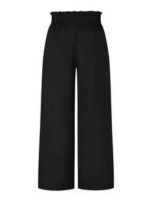 SHEIN LUNE Plus Size Nữ Màu Trơn Eo Co Giãn Quần Ống Rộng Có Viền Xù - màu đen - Xem 2