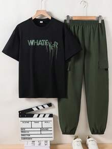 Coolqubz 2pcs/Set Teens' Casual Round Neck Printed T-Shirt And Drawstring Pants Set, Suitable For Daily, Commuting, Outdoor Wear, Spring/Summer - Army Green - View 7