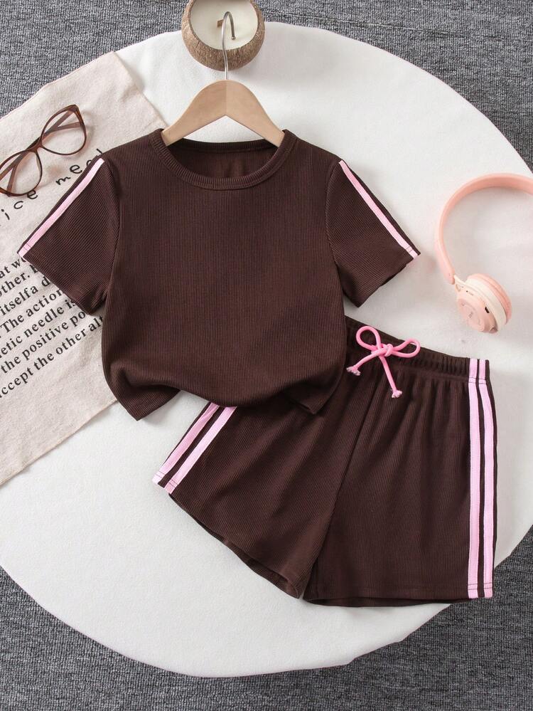 SHEIN Tween Girl Casual Striped Knit Set Workout Outfit For Summer Outfits 2 Pieces Sets Chocolate Brown - Brown - View 1