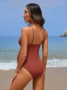 Momance Pregnant Women's Simple Solid Color Ruffle Trim One-Piece Swimsuit, Suitable For Beach & Holiday - Brown - View 2