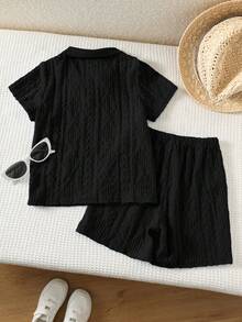 SHEIN 2-Pack Young Boys Summer Matching Family Vacation Holiday Textured Fabric Polo Shirt With Collar & Zipper Neck And Shorts Set For Outdoor Play,Party - Black - View 2