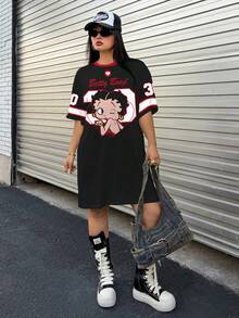 Betty Boop x SHEIN Plus Size Cartoon Print Short Sleeve Dress - White - View 7
