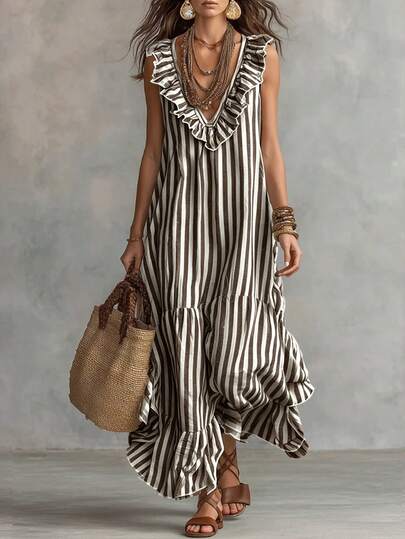 LUMIGAL Women's Woven Casual Resort Striped Summer Long Dress