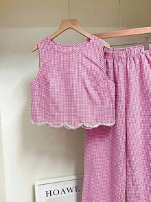 SHEIN Frenchy 女士圆领无袖格子荷叶边休闲背心和裤子两件套，夏季 - 玫紅色 - 查看 7