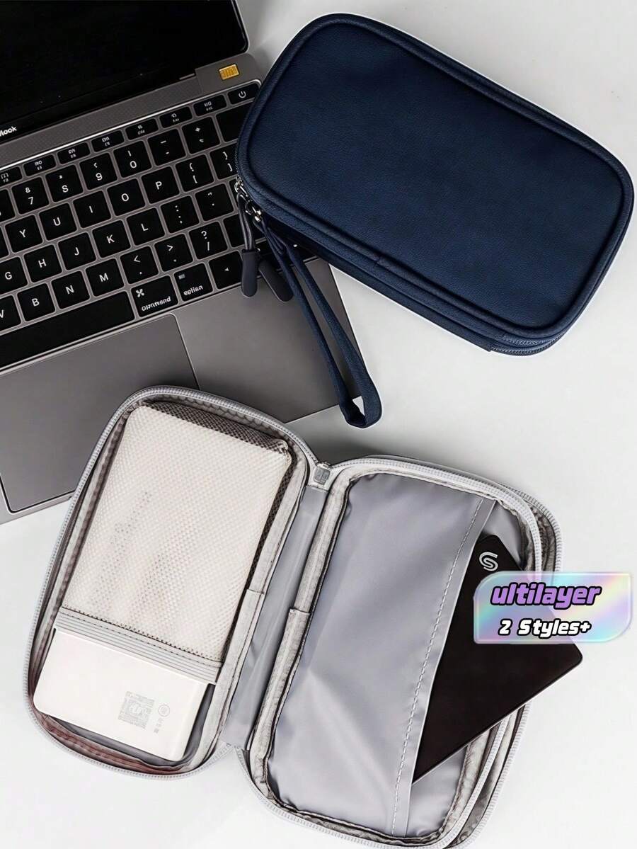 1 pieza Bolsa de almacenamiento electrónica impermeable, Bolsa de almacenamiento fija multicapa, Bolsa de almacenamiento portátil con múltiples cremalleras - Perfecta para unidades USB, discos duros, auriculares - Azul Marino - Ver 1