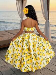 Tween Girl Lemon Print Side Slit Halter Vacation Dress - Yellow - View 1