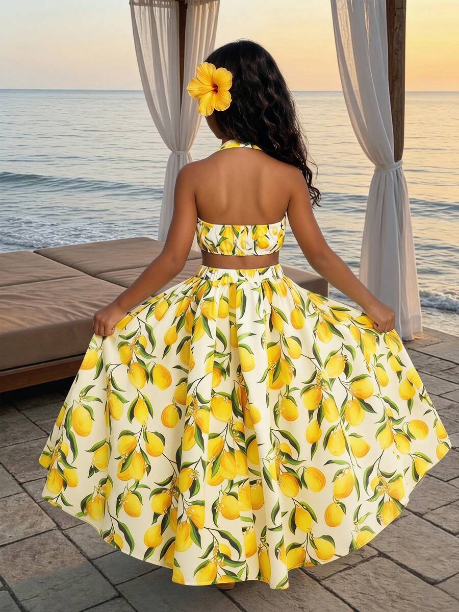 Tween Girl Lemon Print Side Slit Halter Vacation Dress - Yellow - View 1
